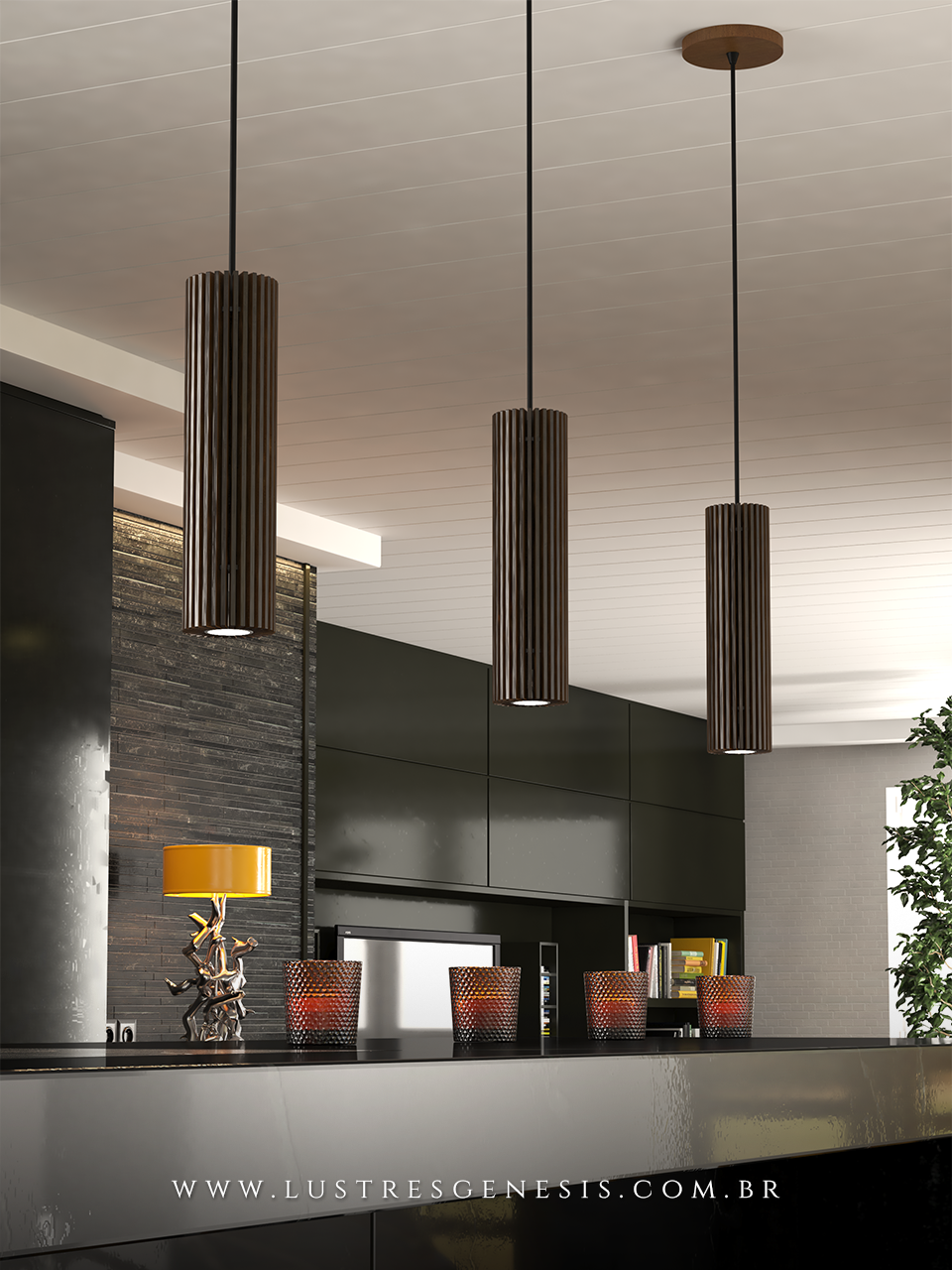 Lumin&aacute;ria pendente modelo cacto com acabamento em madeira, ideal para mesa de jantar, quartos, salas e escrit&oacute;rios, da marca Attimo.